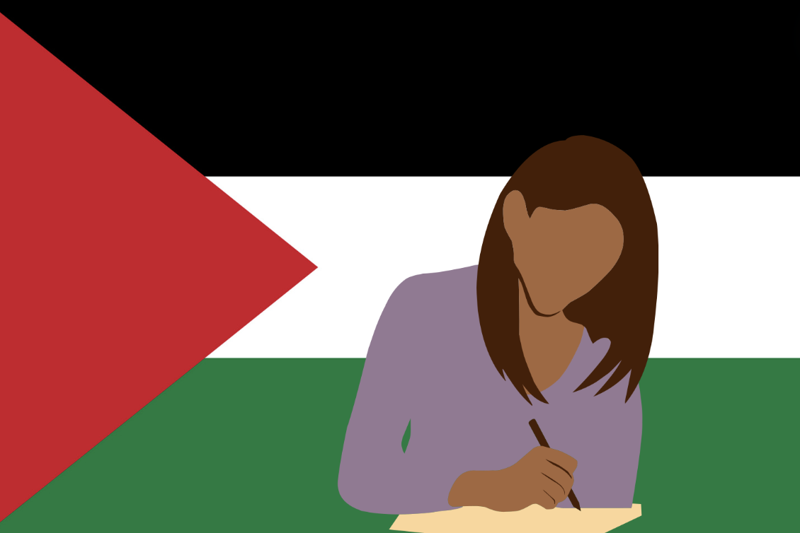 This graphic illustration displays a student in front of a Palestinian flag. This feature spotlights the perspectives of Palestinian students at Archer and spotlights solutions from organizations to address misinformation and conflict. Graphic Illustration by Uma Nambiar.
