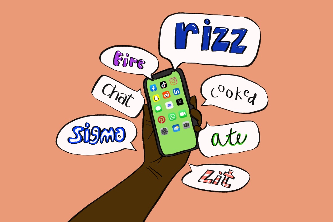A graphic illustration depicts a hand holding a phone with different popular slang terms surrounding it. Many so-called Generation Z terms stem from African American Vernacular English and are popularized through social media platforms.