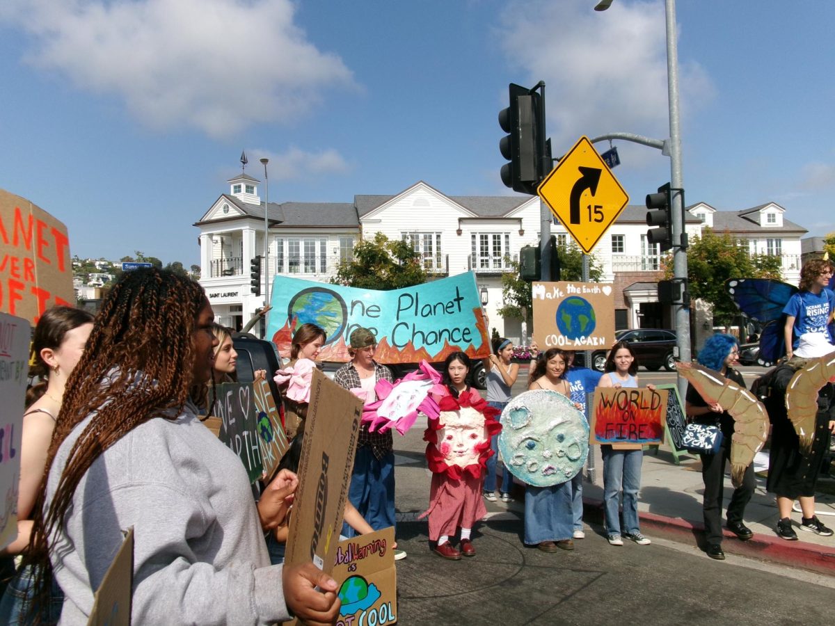 Palisades High School and Archer students gather at the Palisades Village Green Park for the "Fridays for Future" climate strike Sept. 20. Freshman Katia Thomas said the strike was an opportunity to take action and spread awareness about the changing climate. 