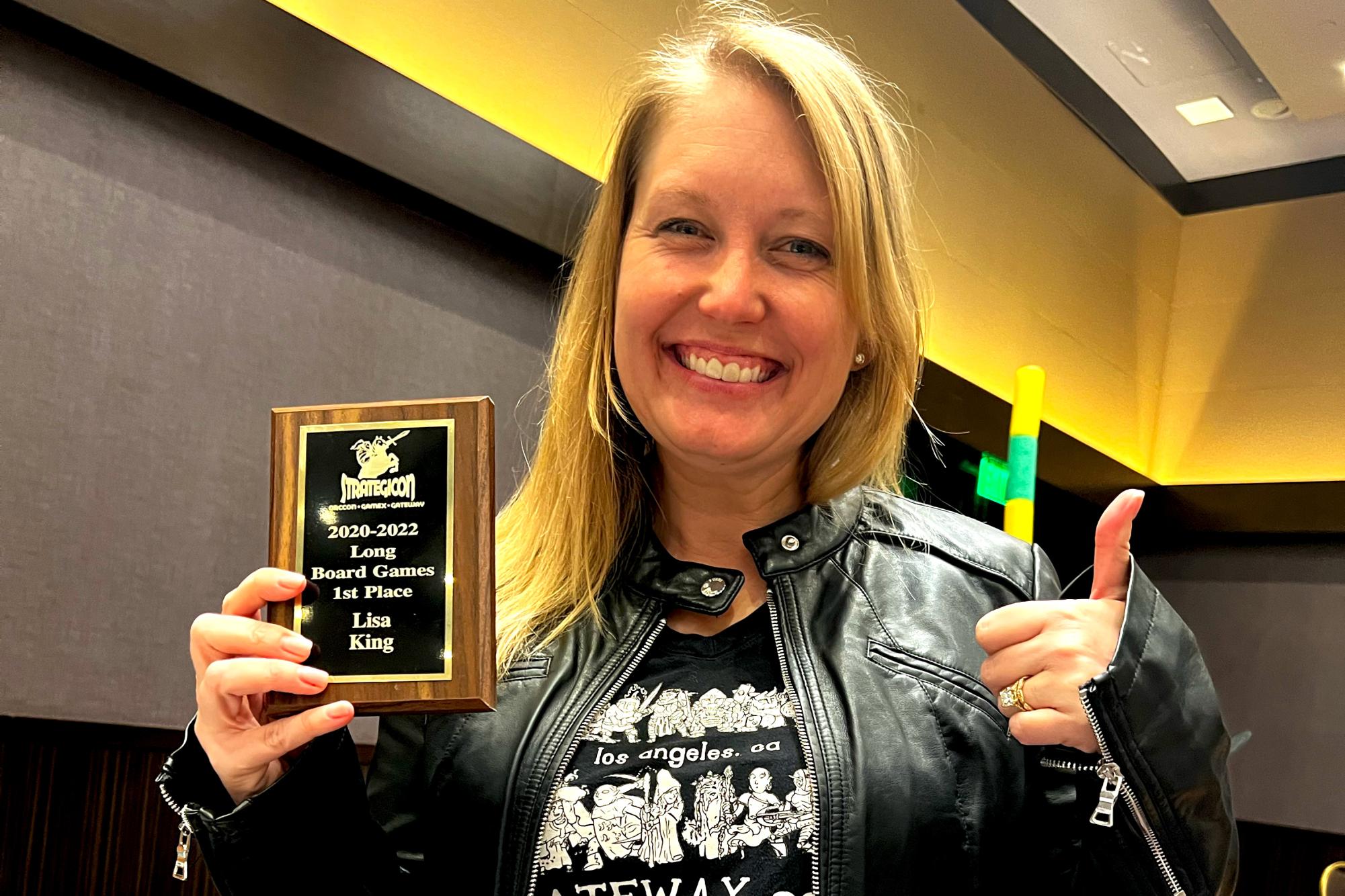 Lisa King wins the World Championship for long board games 2022-2023. She started a middle school FLX block class dedicated to playing board games. Each month, students will learn a new board game and compete against each other. (Photo provided by: Lisa King)