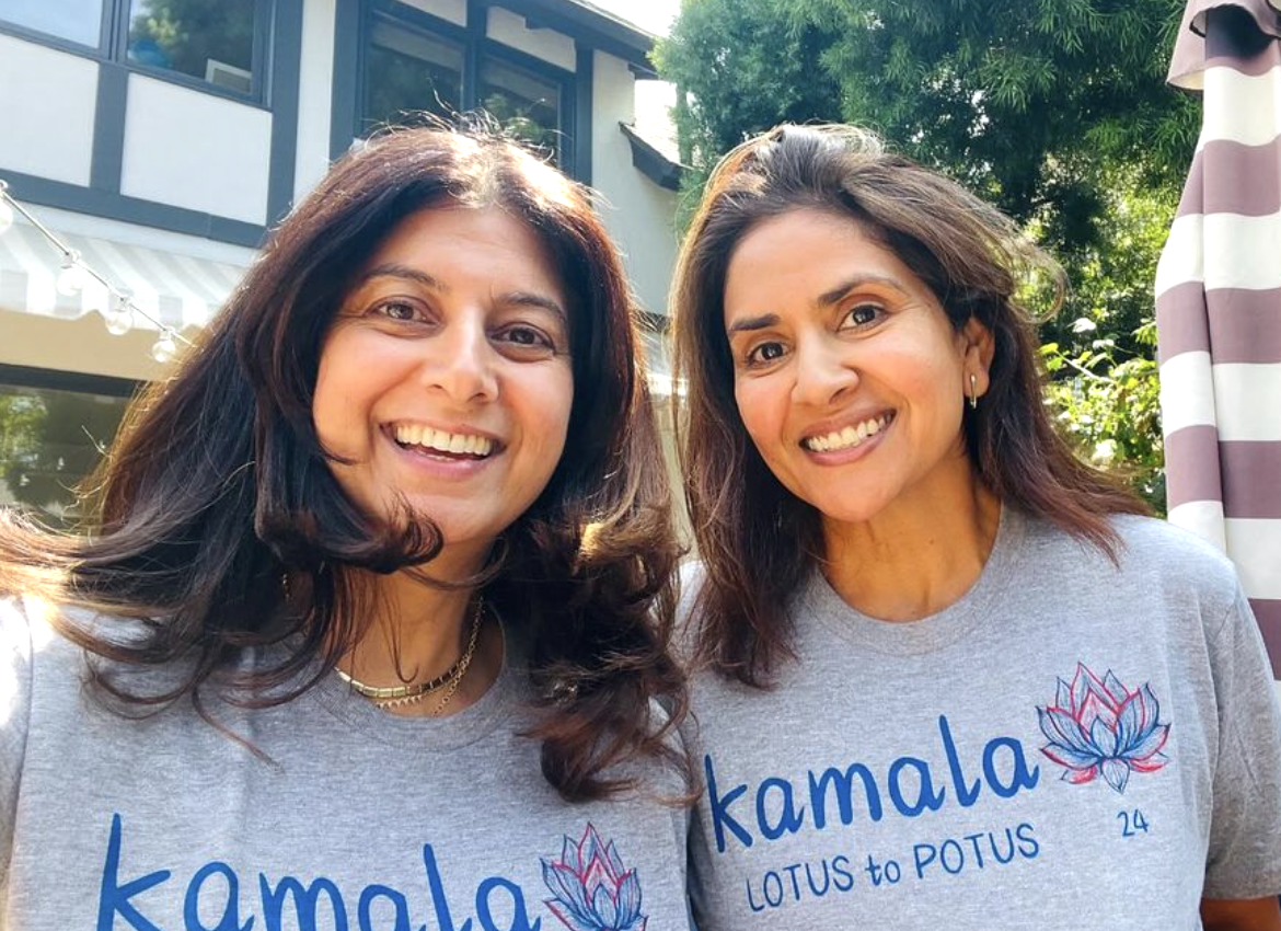 Archer moms Priya Nambiar (left) and Shilpa Mysoor (right) wear their LOTUS to POTUS t-shirts in support of Kamala Harris presidential campaign. Inspired by Harris's female and Indian identity, the two created a small business which has reached Harris supporters nationwide. (Photo by Priya Nambiar)