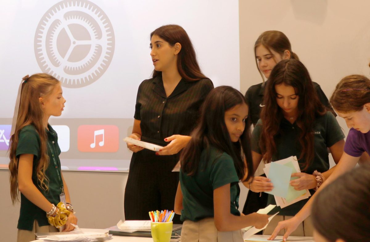 Julieta Girbal instructs Ambassador Leadership Team members on how to format birthday cards to their buddies. Lead by Girbal, ALT met for the first time this school year Sept. 9 to discuss tour guides, Discover Archer and Back to School Day.