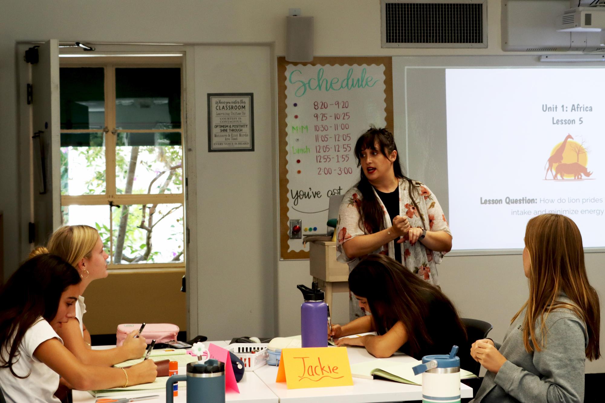 Kristen Riggs teaches her accelerated biology class about African lions. She is the new teacher for ninth grade Accelerated Biology, eleventh grade Advanced Study Biology and 12th grade Systems of Biology.