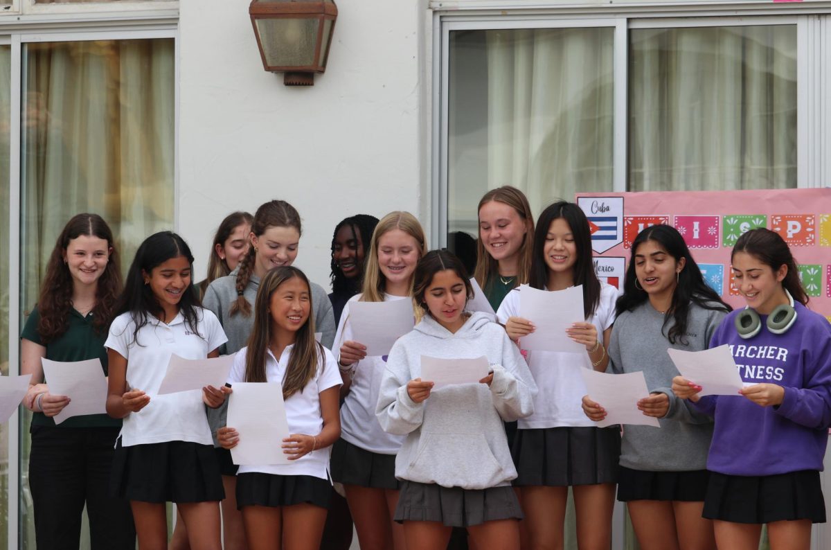 Ninth graders in Spanish 2: Accelerated sing "Mejor Que Ayer" at the annual Hispanic Heritage Month Celebration in courtyard. Paige Kim '28 said the song encourages her to stay positive during challenging times.