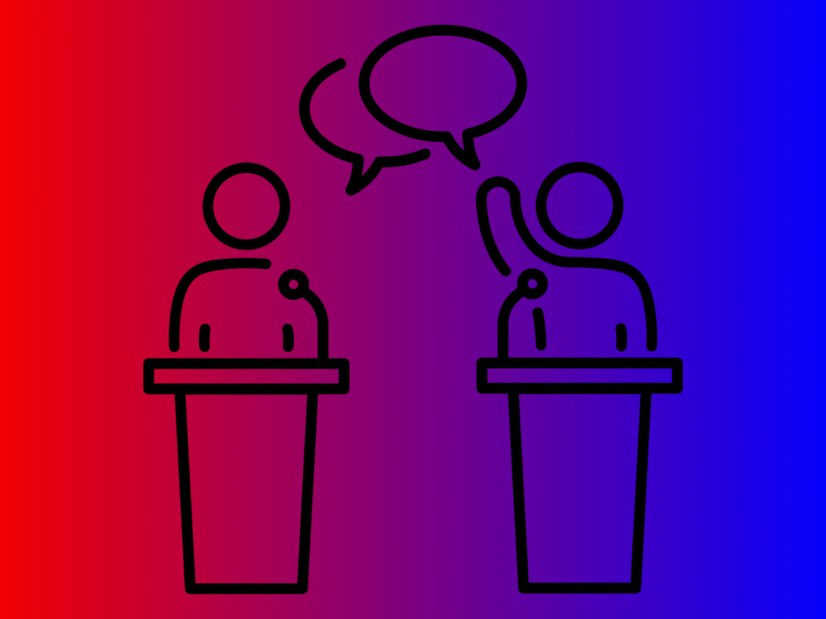 The graphic illustration depicts the vice presidential candidates debating. The purple represents the two opponent's civility and their political common ground, despite being from two different political parties. Students said the vice presidential debate was calm, in contrast to other political debates. (Graphic Illustration by Shae Killam)