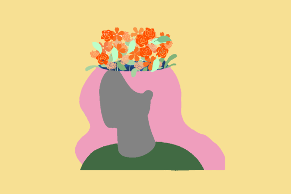 A silhouette of a student with flowers blooming at the top of their head. It's essential to prioritize students' mental health in school by providing mental health education and resources and 
creating a healthy, supportive and collaborative learning environment. 
(Graphic Illustration: Lola Thomas) 