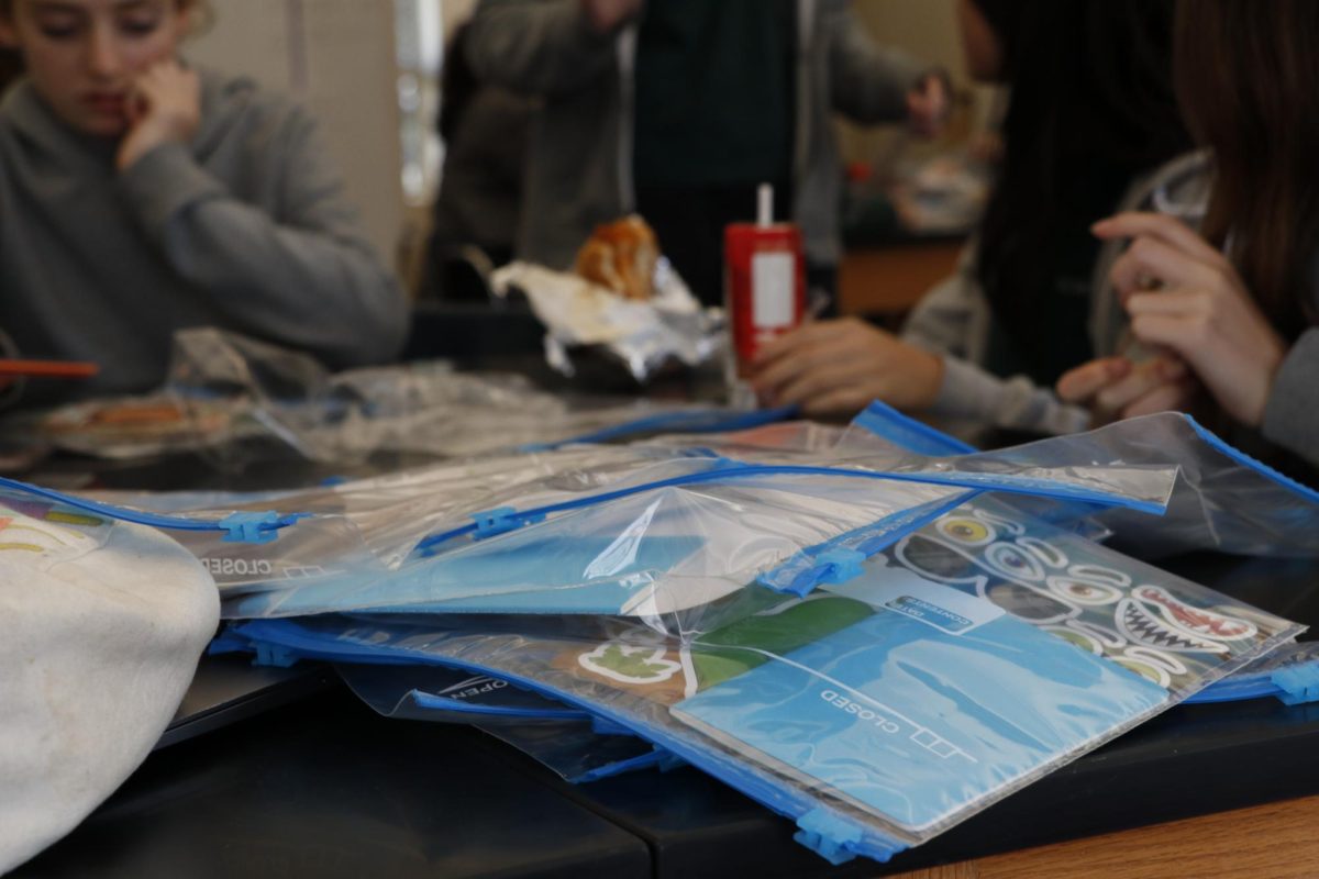 For this CHLA club meeting, members compiled bags full of activity books and supplies for kids. The bag contains monster stickers, a notebook, and other supplies for making crafts. 