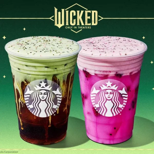 Starbucks' new additions, "Elphaba's Cold Brew" and "Glinda's Pink Potion." These drinks are one of the many marketing choices that contributed to Wicked's astronomical success.(Photo Credit: Good Morning America)
