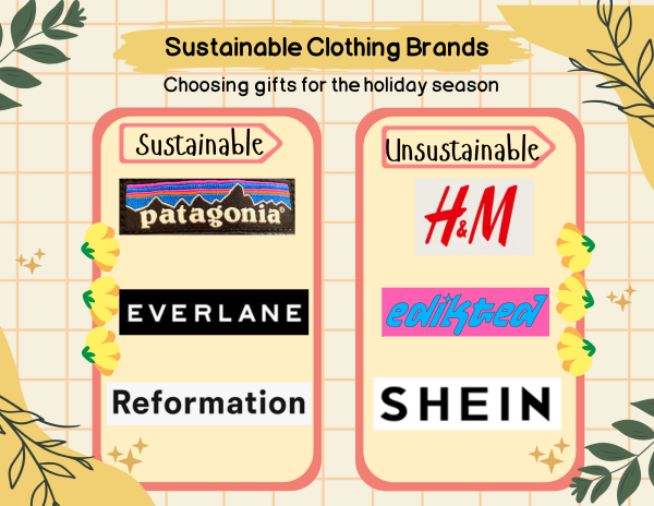 The graphic displays a list of popular clothing brands categorized as sustainable and unsustainable. Executive board members of the Archer Council for Sustainability said when buying holiday gifts for others, people often do not consider the environmental footprint of producing, shipping and wrapping their presents, which can have a detrimental impact on the climate as each holiday season passes. Graphic illustration by Lucy Williams.