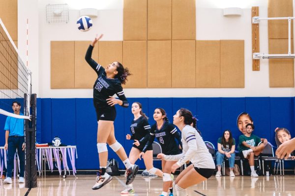 Senior Dylan Evans-Robinson jumps to hit the ball at Varsity Volleyball Senior Night. The team faced many new challenges this year, which led them to bond more than usual, junior Sara Salehi said. "I think volleyball is very mental in general, and so you really have to lean on your teammates," Salehi said. "You can't go through a season without becoming really close." (Photo by Archer Athletics)