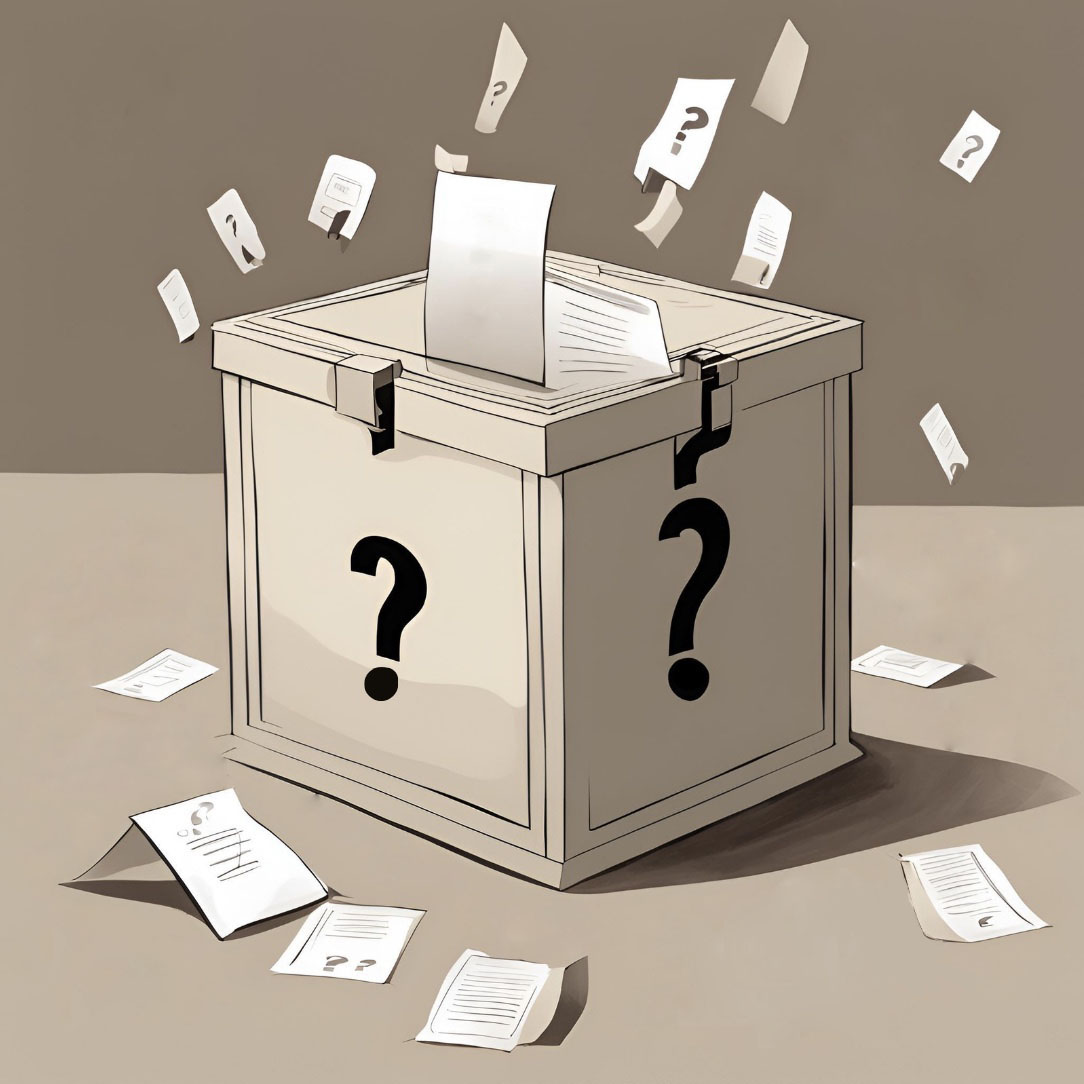 A ballot box with question marks rising above it symbolizes the lack of outreach to nearly half of Latine voters during the 2024 election. It reflects our conflicted feelings, unanswered questions and disappointment with both political parties. Graphic Illustration by Catalina Lopez-Sanchez. 