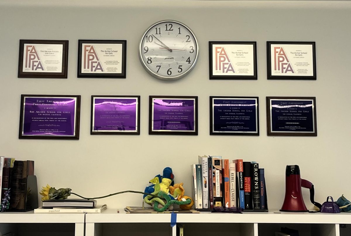 The Oracle's First Amendment Press Freedom Awards are displayed in the publications room. From their earliest moments on staff, Oracle reporters develop a firm understanding of the importance of press rights and freedom.