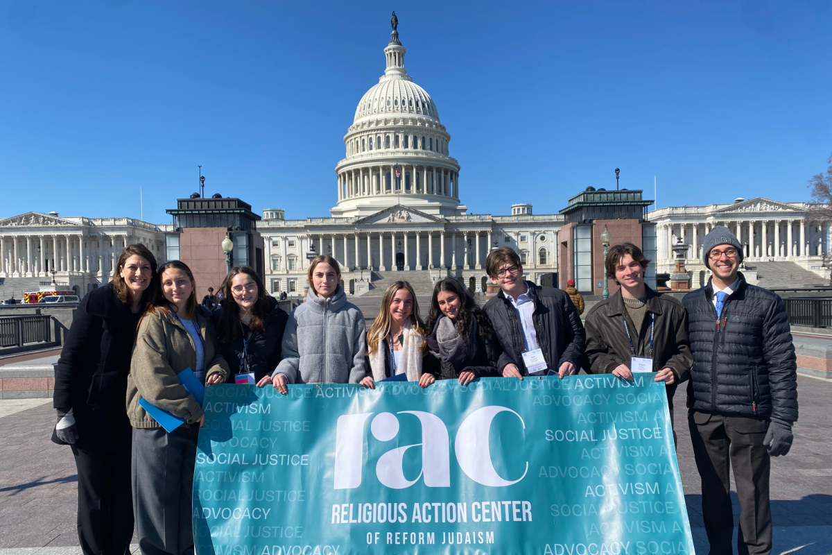 Leo Baeck Temple's Conformation class of '25 smiles in front of the U.S. Capitol March 3, before presenting speeches to California state representatives and senators . Religious Action Center's L'taken Social Justice Seminars allow Jewish high school students to advocate for themselves by lobbying about important topics to their state senators and representatives.
Photo Credit: Lisa Berney