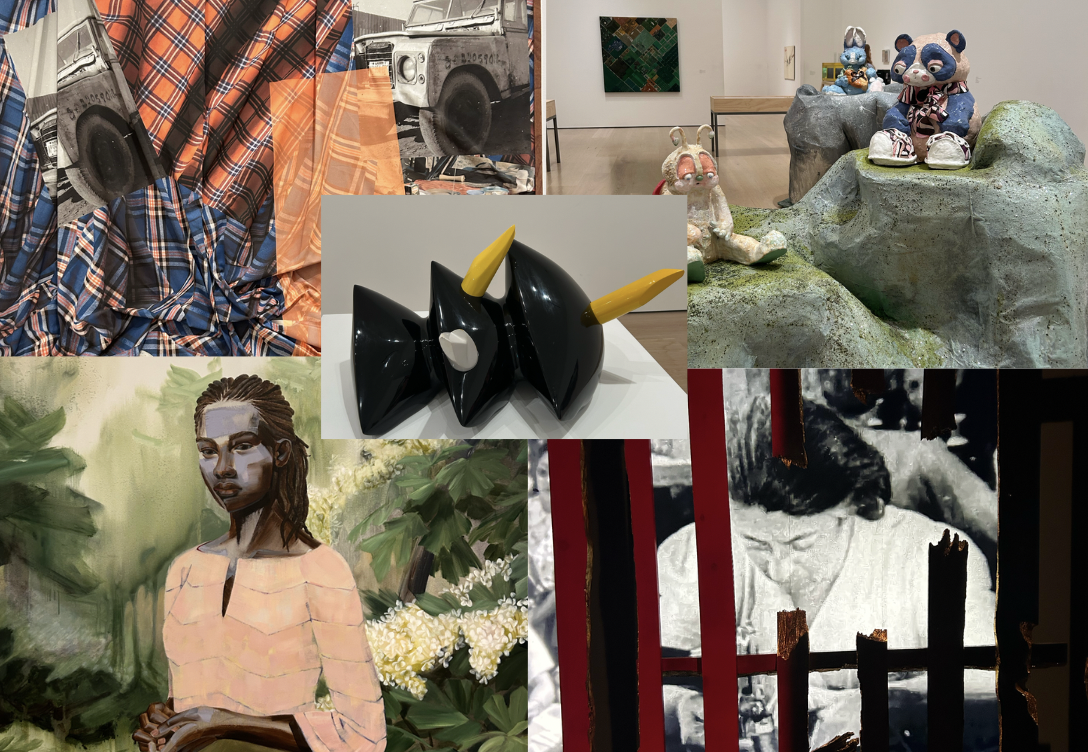 Five artists, Alake Shilling, David Alekhuogie, Greg Breda, Bruce Yonemoto and Pat O'Neill's work displayed at the Hammer Museum's "Made in LA" exhibit are collaged together. This year's exhibit was the seventh iteration of the biennial event.