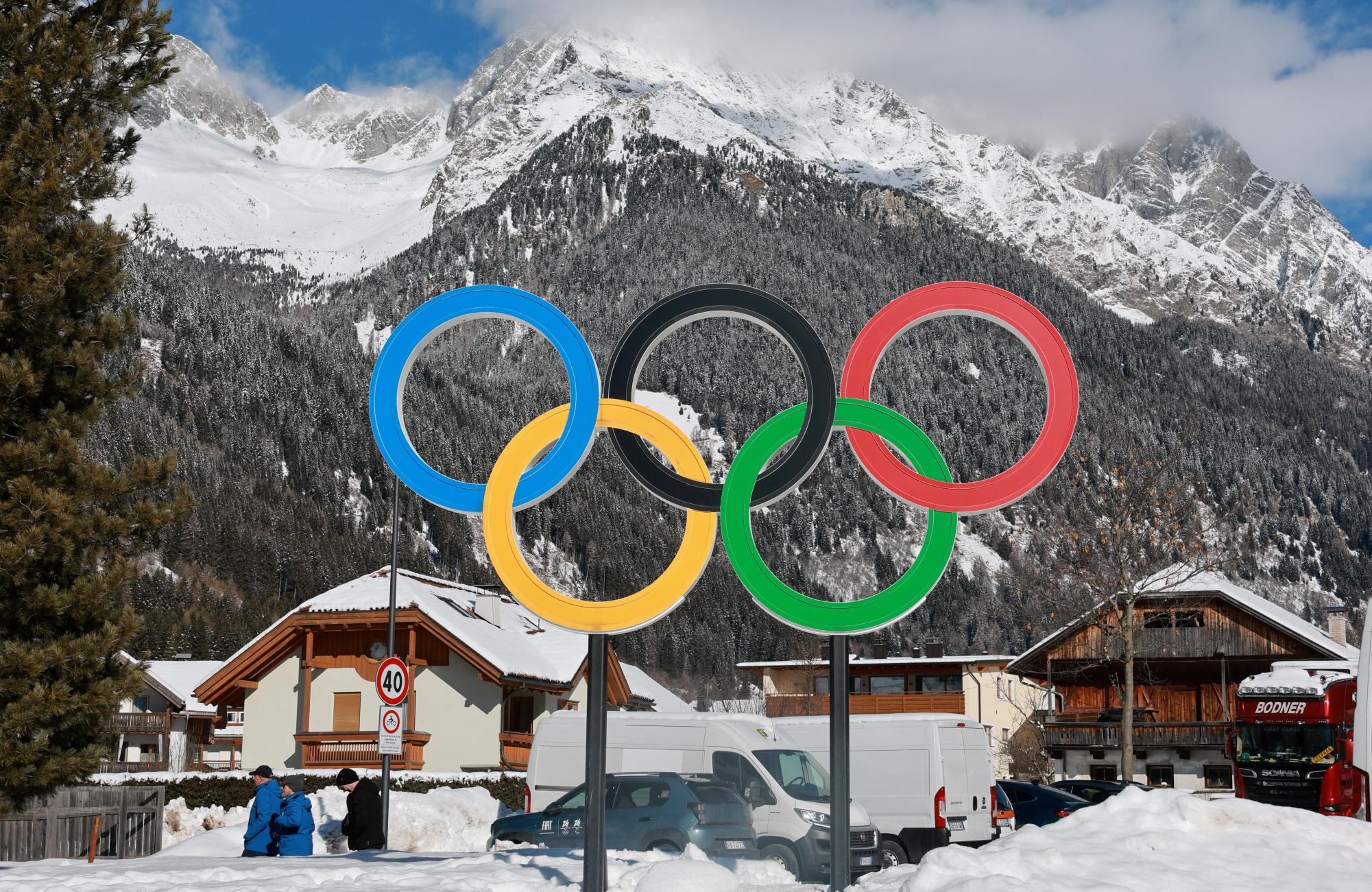 The Olympic Rings stand near Anterselva di Sopra (Antholz Obertal), which will host the biathlon competition at the Sudtirol Arena Alto Adige, as part of the Milano Cortina Winter Olympic Games 2026, in Anterselva Di Mezzo, Italy, January 31, 2026.    REUTERS/Fabrizio Bensch