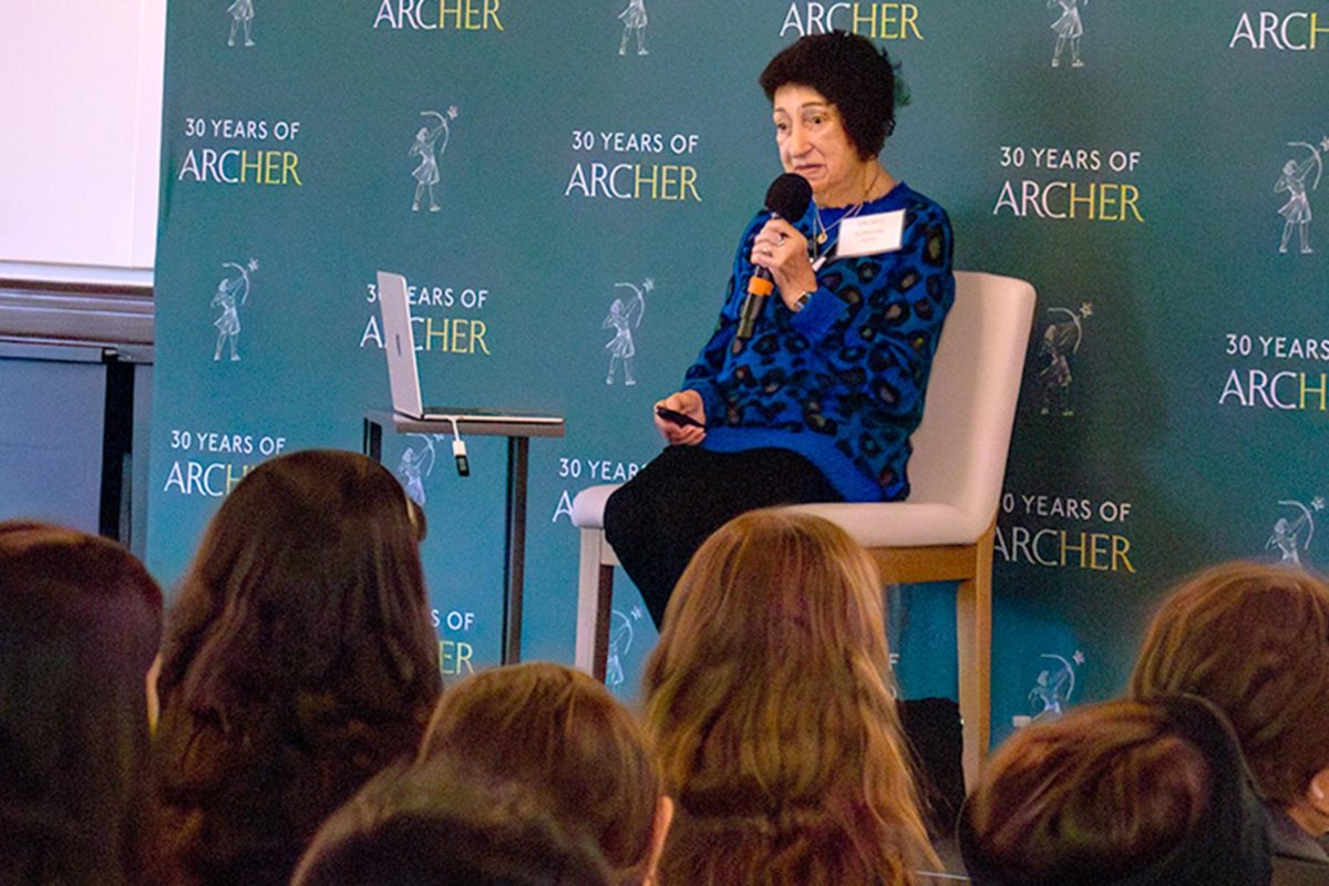 Archer students listen to Gabriella Karin speak about her life story as a Holocaust survivor during Archer’s special assembly Monday, Feb. 2. Karin is a Holocaust survivor from Bratislava, and she is passionate about educating young people about the Holocaust’s history and creating art reflecting her experiences. “I am an artist, I’m a sculptor,” Karin said during the assembly. “I express my feelings in clay.”
