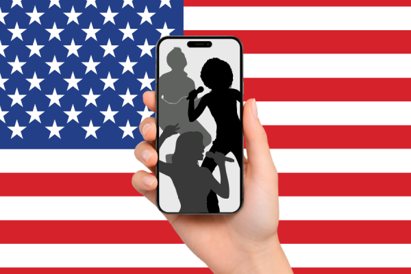 Against the backdrop of an American flag, a phone is held displaying the silhouettes of musicians, representing the increased presence of popular music in political social media content. In particular, the Trump administration has faced backlash for its usage of music by artists SZA, Olivia Rodrigo and Sabrina Carpenter. (Graphic illustration by Charlotte Burnap)