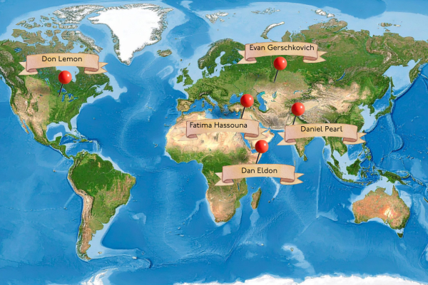 A map of the world has pins showing the locations where five journalists: Dan Eldon, Fatima Hassouna, Don Lemon, Daniel Pearl and Evan Gershkovich were either killed or imprisoned. All of the journalists were in the process of researching or documenting when they were prosecuted or murdered. (Graphic illustration by Maya Hernández)