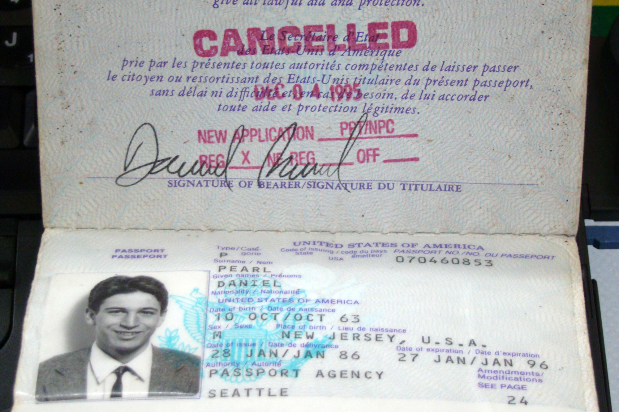 Daniel Pearl's cancelled passport seven years before he died while working as the Southeast bureau chief of the Wall Street Journal. Pearl was working on a story about a recent attempted terrorist attack when he was kidnapped by Islamic jihadists in Pakistan. Daniel Pearl Passport by  Queerbubbles  is licensed under CC by-SA 3.0.