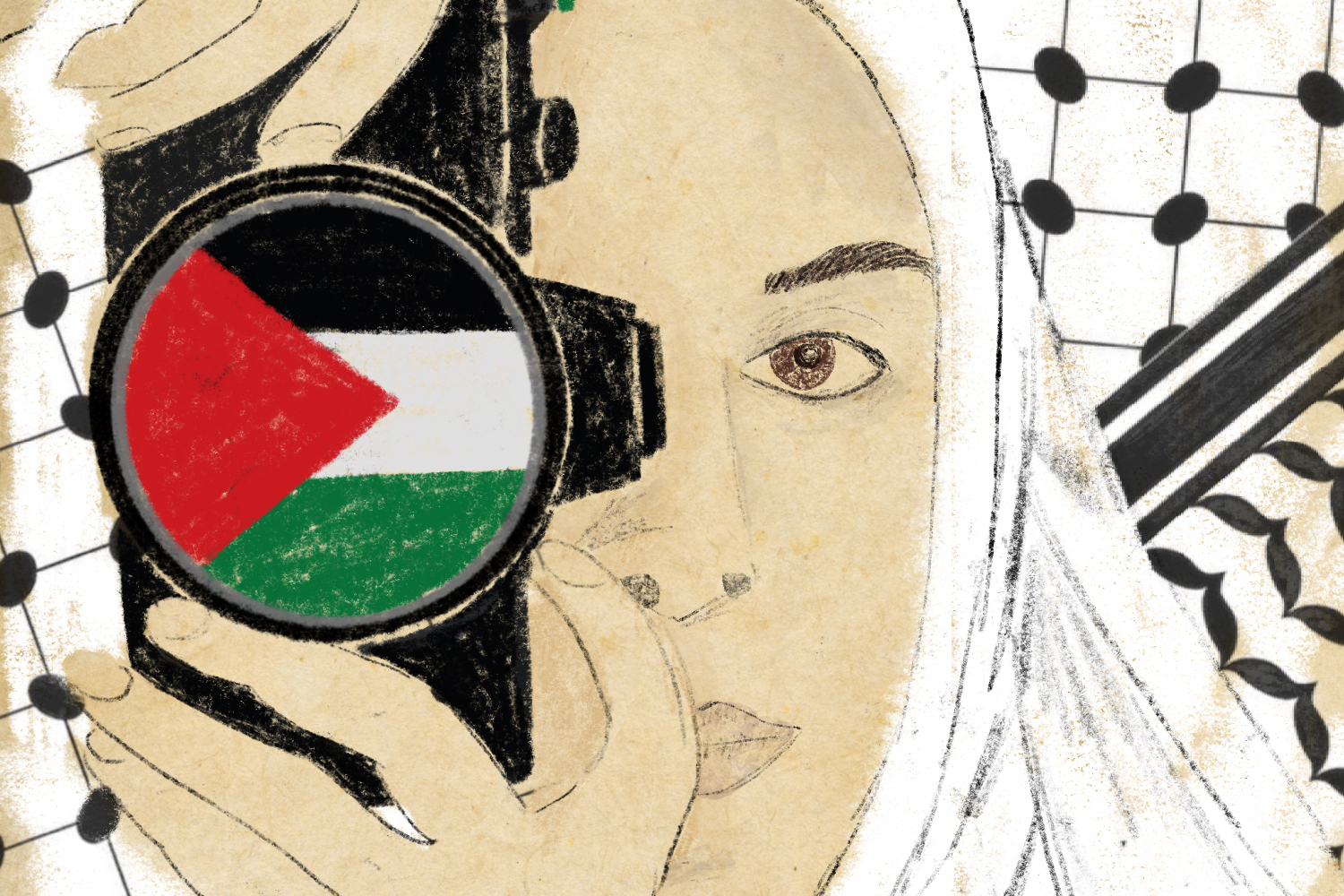 A drawing of Palestinian photojournalist Fatima Hassouna. Hassouna documented life in Gaza during the Israel-Hamas war and was the subject of the documentary "Put Your Soul on Your Hand and Walk," which premiered following her death by an Israeli airstrike. Fatima Hassouna by Andrea Ebert is licensed under CC by-SA 4.0.