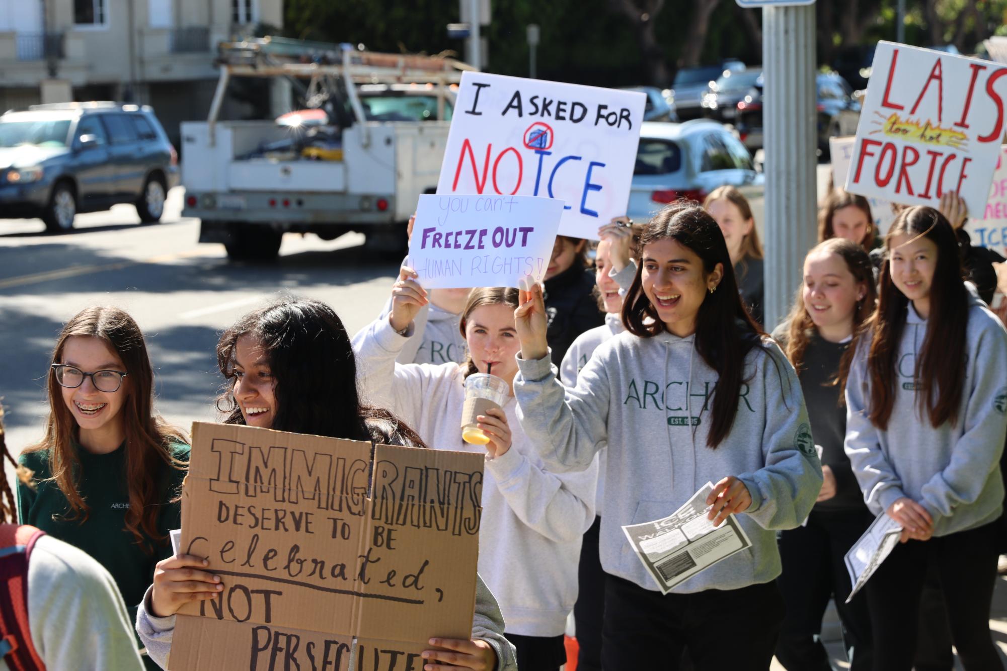 Students yell out chants while holding posters throughout the crowd. Ava Binder ('27) expressed the importance of continuing to have walkouts and other ways of protesting. “The more walkouts and protests we do, the more we can spread our voices,” Binder said. “We're not going to back down and settle for what is going on.”