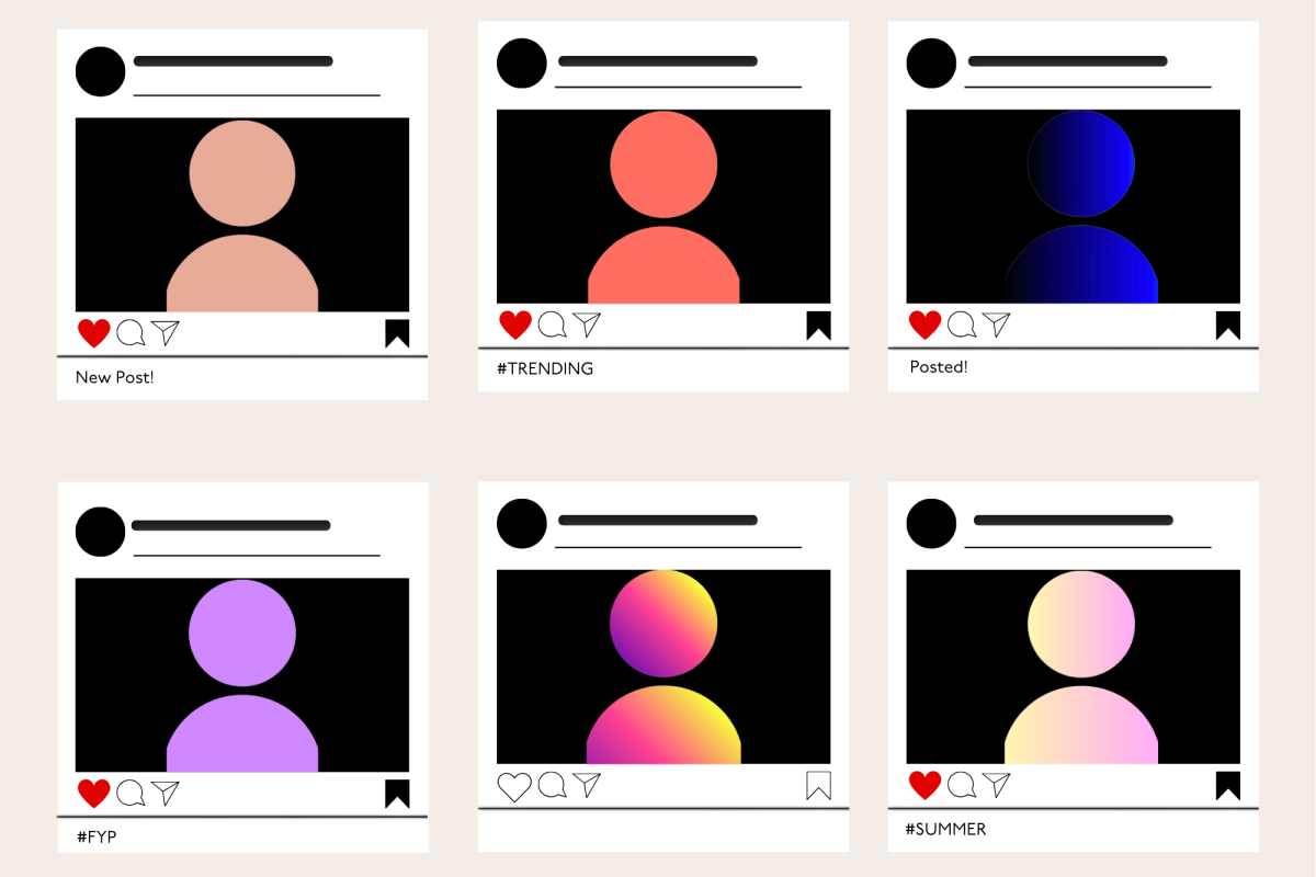 A graphic illustration depicts a series of social media posts with similar captions, profile images and like icons, showing the repeating structure of online feeds and categorized familiarity. At the center, one post stands out with a multicolored profile, creating a visual contrast within the grid. According to studies, social media platforms often promote highly similar or homogeneous content through recommendation algorithms, leading users to perceive repetitive posts. (Graphic illustration by Amelia Kim)