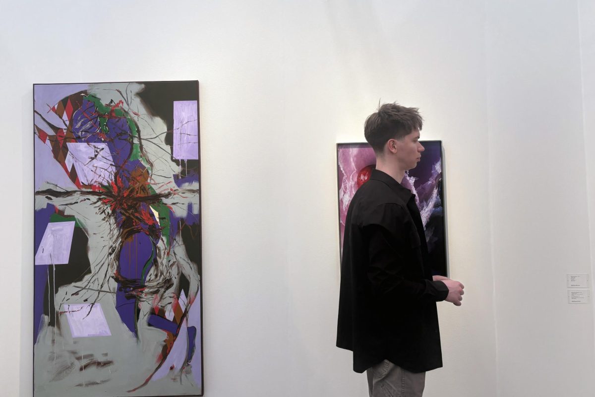 Attendee Marcus Toderous observes the work of Matthew Brown, a contemporary American artist. Toderous  said he visited the Frieze gallery to gain more perspective and find new art. “I would say that there is nothing as shocking anymore,” Toderous said. "If there is no shock value, it's deco art, or decorative art. Everything is very PC, soft, vanilla.” 