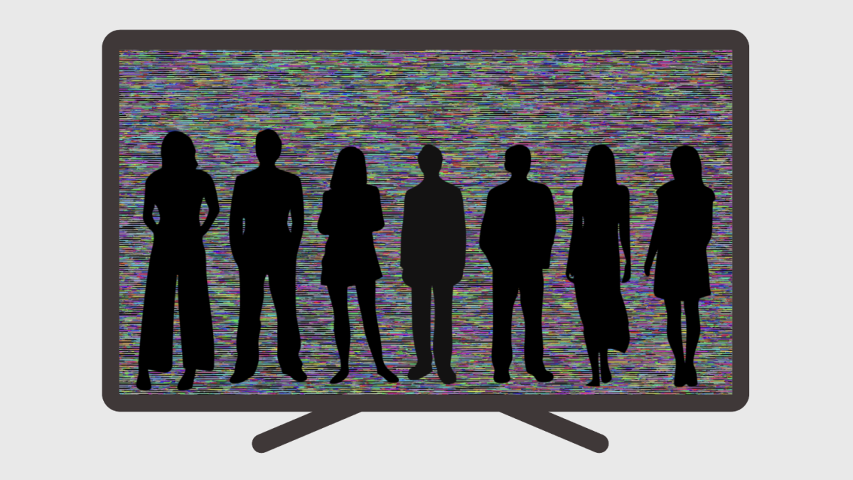 A TV with static depicts the silhouettes of multiple people. According to the Public Broadcasting Service, an absence of relatable, positive and diverse characters in media can negatively impact viewers' self-worth and confidence. (Graphic illustration by Carmen Muñoz Graham)