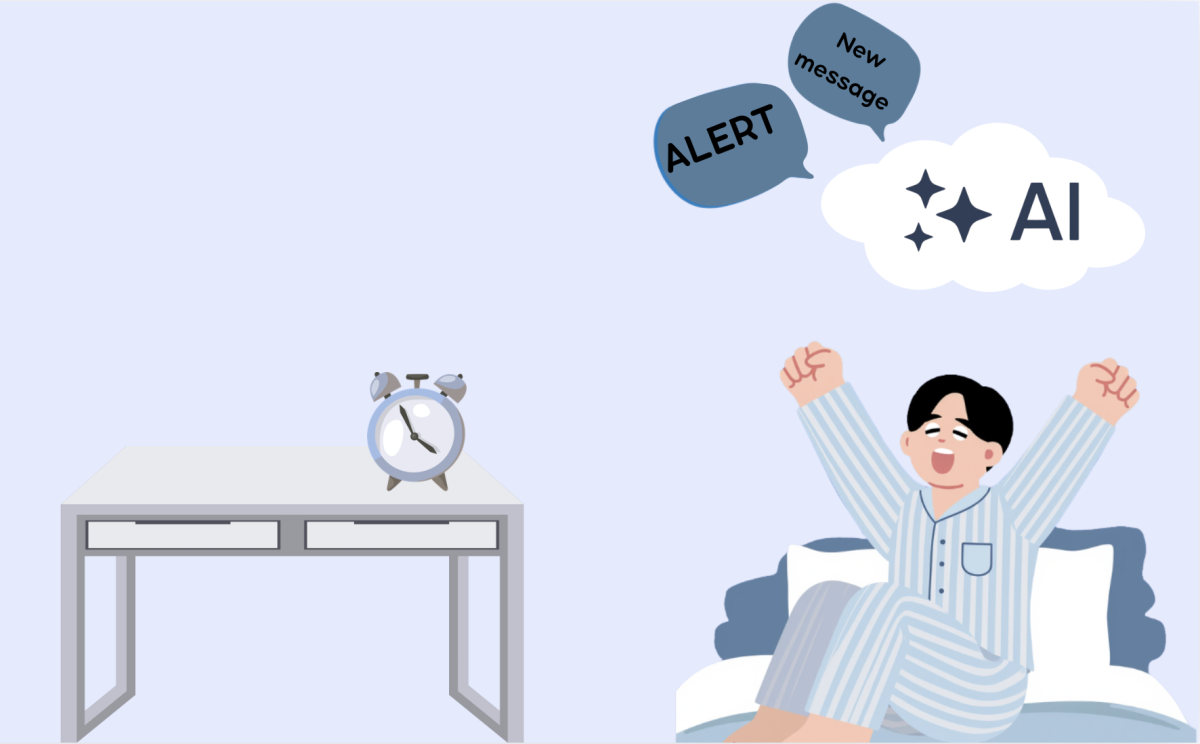 A graphic illustration depicts a teenager in 2036 waking up to his AI bot relaying his messages, news and schedule for the day. As we get deeper into the digital era, AI could become an essential part of teenagers' life. “I think that the AI technology would become a lot stronger than it is now, and, due to that, it’ll become more involved in day-to-day life” Maya Cerbo (’28) said. (Graphic illustration by Lila Stotland)
