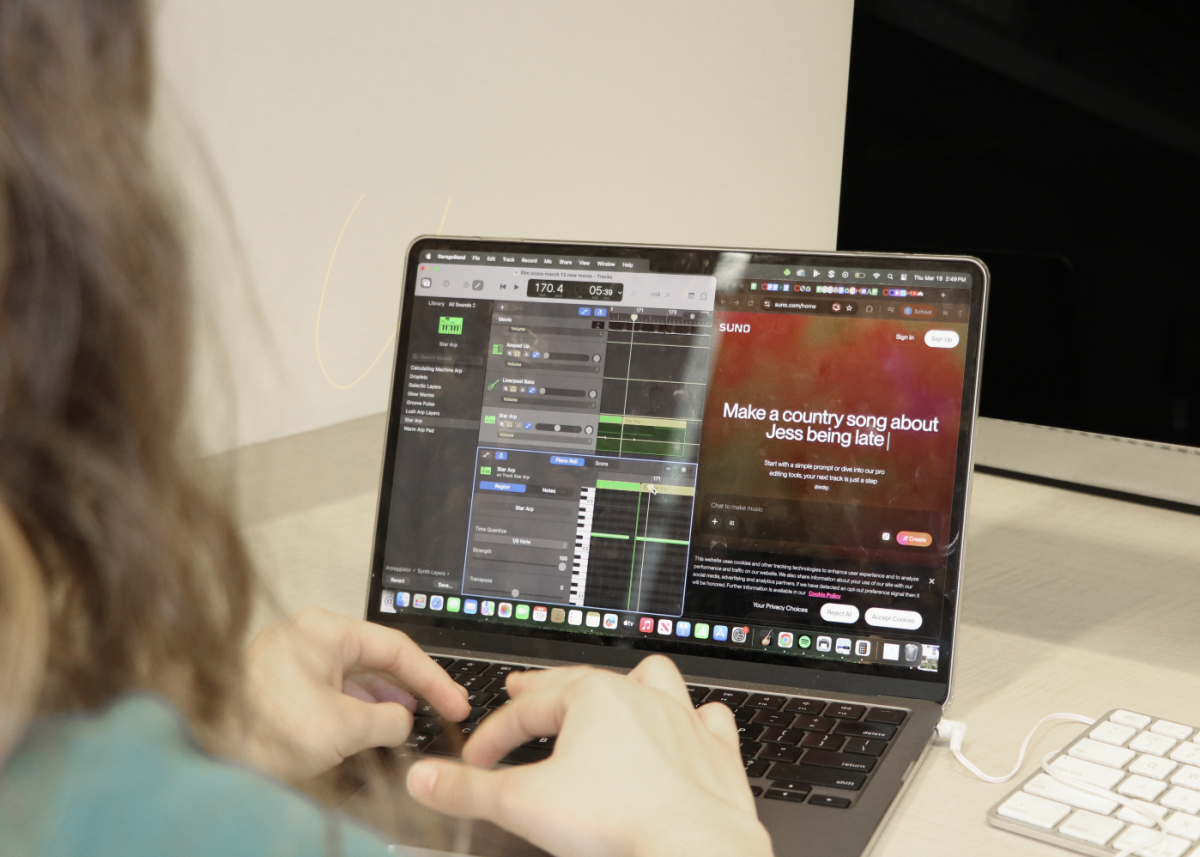 A student edits piano chords and a composition in GarageBand while a split-screen on her computer displays Suno, an AI website. Suno is a free artificial intelligence music generator that allows individuals to create up to 10 songs a day. According to a LANDR’s study, around 60–87% of producers use AI tools for songwriting, mastering and editing.
