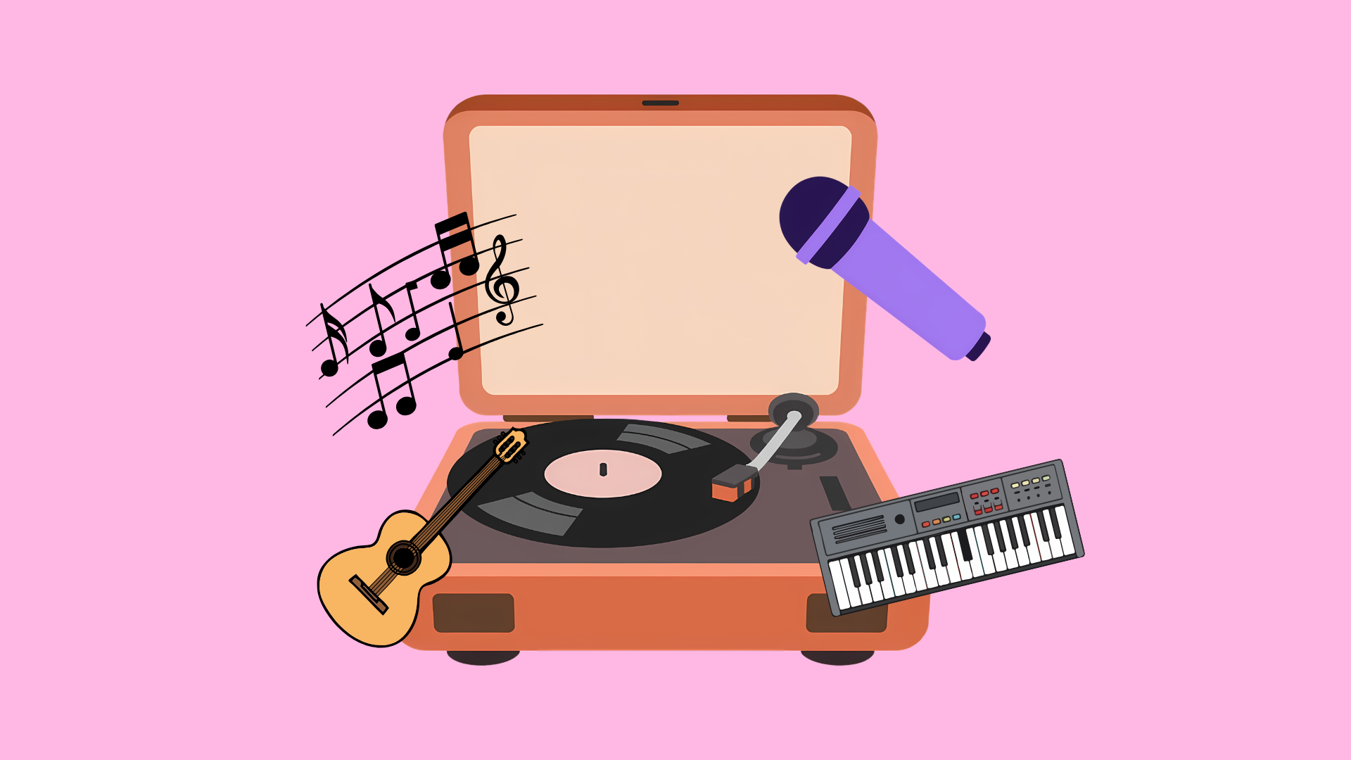 A record player surrounded by musical instruments. The music industry is bustling with new and rising artists, many who you should be listening to. 
(Graphic illustration by Ardyn Maynard.)