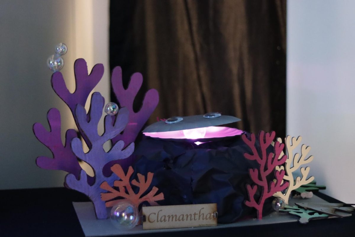 Clamantha, a robotic clam, sits in the Marine Magic exhibition. Students in the Engineering Arts class each created an animatronic of a marine animal for their semester project.