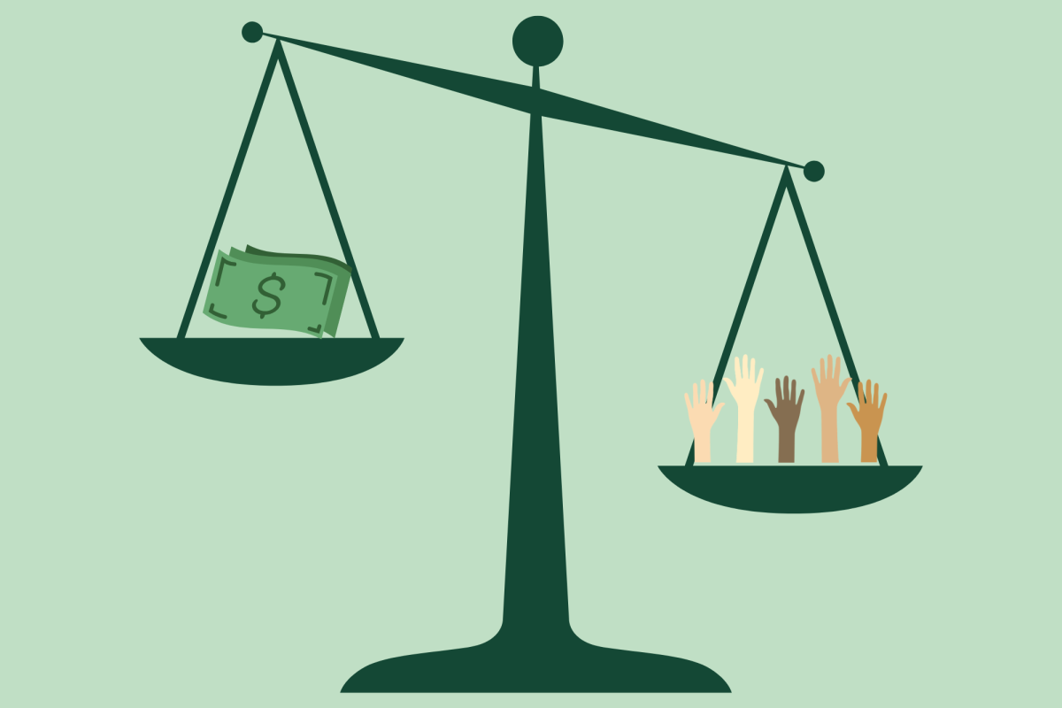 A graphic illustration depicts an imbalanced scale comparing income to representation. This imbalance can be explained by the minority tax: the often uncompensated burden of additional marketing and DEI work amongst marginalized individuals to make a company appear more diverse. (Graphic Illustration by Gabby Kaplan)
