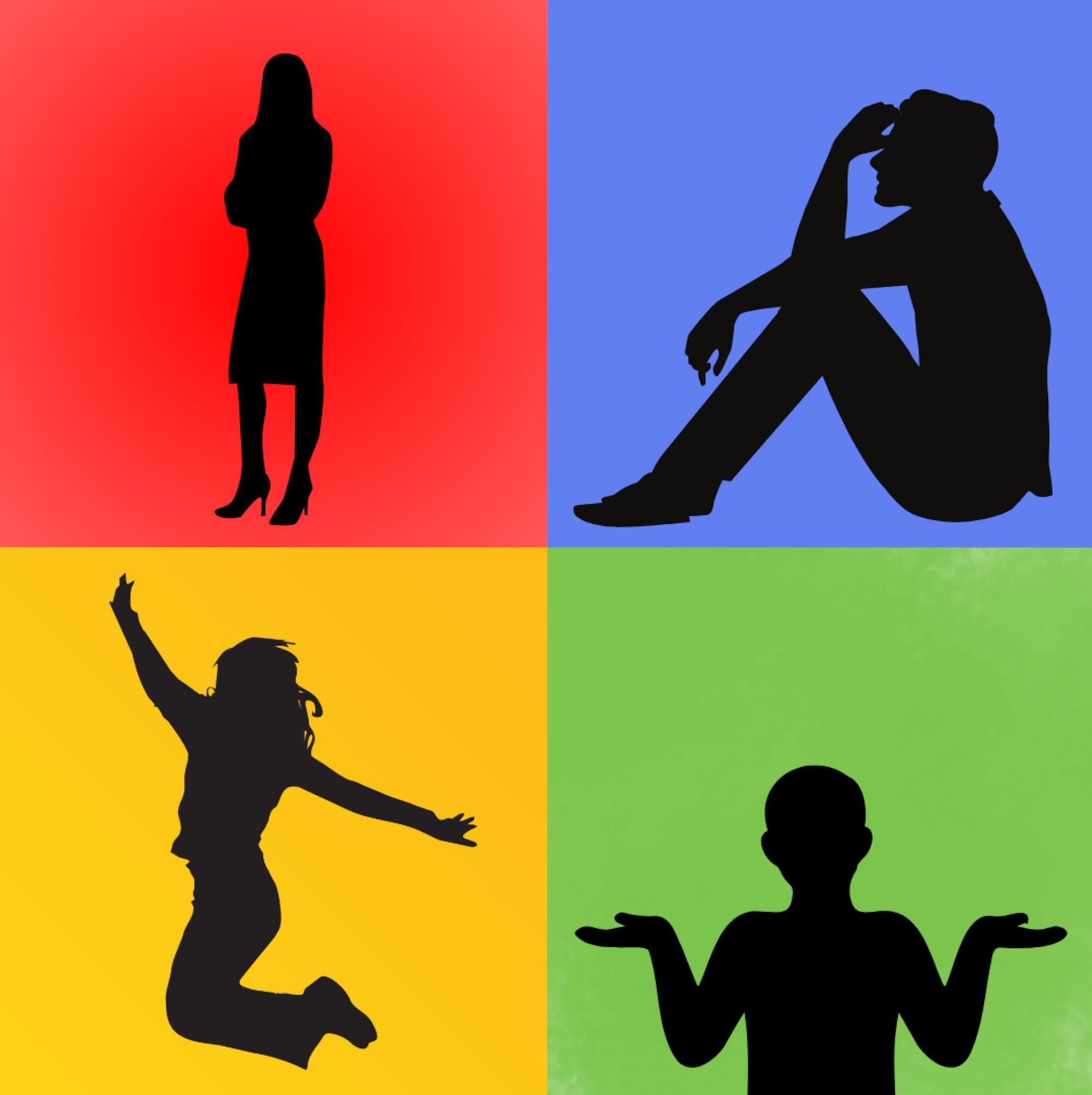 Four silhouettes in different positions are displayed on colored backgrounds, suggesting how body language relates to emotion. Acording to the Paul Ekman Group, anger is communicated through crossed arms and a defensive stance. Sadness is conveyed using a closed posture and hand gestures. Happiness is expressed using an open posture and the tilt of the head. Confusion is displayed through hand and arm positioning. (Graphic illustration by Isabel Kromwyk)