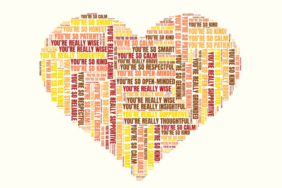 A graphic illustration depicts common character-based compliments arranged in a heart shape. Learning Specialist Stephanie Wald said that character-based compliments reasonate with her a lot more because she remembers them for longer. "When you're getting a compliment about how you look, you can't control that," Wald said. "However, your character is something you probably worked hard to project in a certain way."
(Graphic illustration by Dara Alitoro)