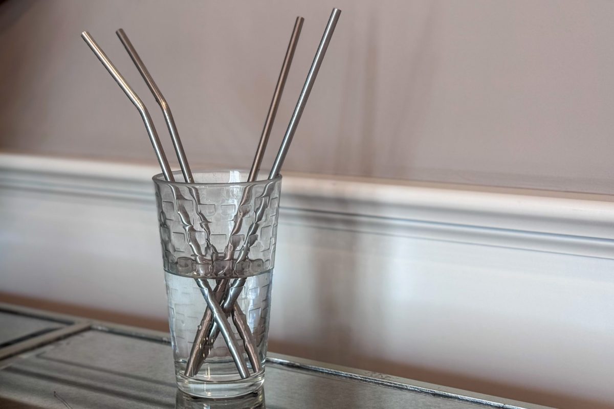 Metal straws sit in a cup in place of plastic and paper straws. Science teacher Carmen Sahagún said it is important to be mindful of the enviornment. "Lots of different types of straws that are made of plastic, they eventually are going to be in a landfill," Sahagún said. "I'm trying to use some type of reusable straw."
