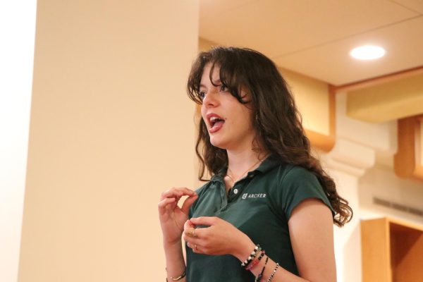 Poetry Allowed finalist Samara Gottlieb (‘28) recites “Universal Truths” by Shira Haus in the Poetry Allowed finals. In this two-round competition, the five finalists each chose one poem per round to recite for a judging panel. Gottlieb said she selected “Universal Truths” because she loved Haus’ use of “emotional shifts” and figurative language. “Poetry is something I've always really, really loved — writing and reading it,” Gottlieb said, “and I didn't feel like I was brave enough to share my own poetry, but recitation is something I've been really interested in, so I figured exploring something adjacent to a monologue. What's the harm in that?”