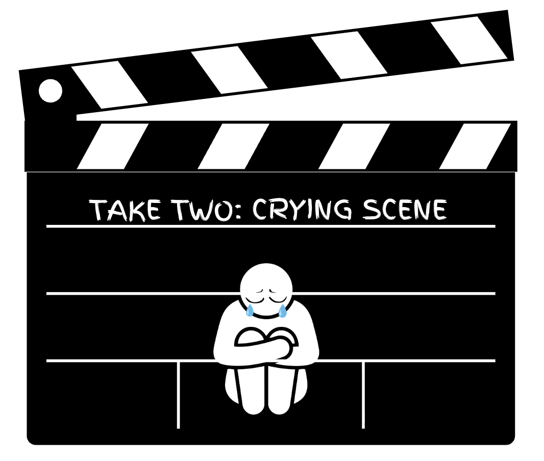 A crying silhoutte sits in front of a film slate titled "Take two: crying scene." Archer film student Riley Keston ('29) said filmmakers might rely on tears for emotional portrayal — though it's not necessarily a good thing — to make films more enjoyable. "If they show a film where their emotions were nothing," Keston said, "then they wouldn't have any plot." (Graphic Illustration by Nina Norwood)