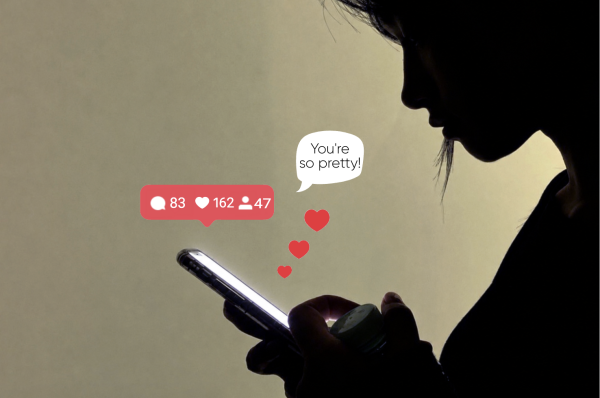 A teenage girl is shown, in silhouette, holding an illuminated phone as notification icons appear. Online platforms have become central to how many teens experience attention and social feedback. “Validation through likes is very tempting, but it’s pretty much a black hole,” therapist Karen Wolfe said. "Going for likes and comments is really harmful because you might get that like or comment, and then you feel good for that moment, but it actually makes the hunger for it stronger." (Photo Illustration by Arissa Lalani)