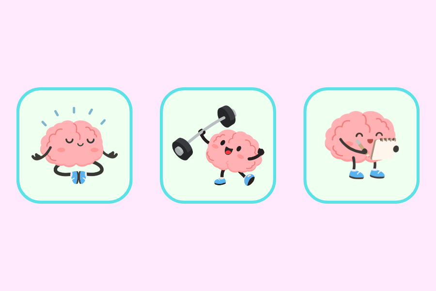 A graphic illustration depicts a brain meditating, exercising and journaling. These are all examples of doing what you love, which is key to improving overall wellness, according to Mayo Clinic. Prioritizing mental health is vital to living a life of quality, fulfillment and joy. (Graphic illustration by Georgia Lebowitz)